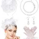 1920s Vintage Fascinators Hat Set for Women Tea Party Hats Veil Mesh Feather Headband Lace Gloves Set 