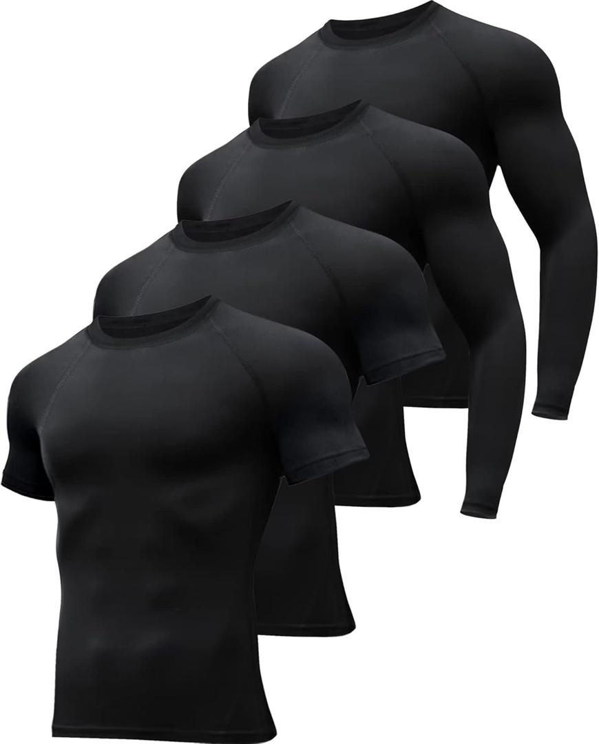 HOPLYNN 4/5 Pack Workout Compression Shirts Men Long/Short Sleeve Rash Guard Athletic Undershirt Gear T Shirt for Sports (Medium)