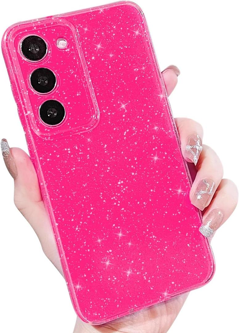 MINSCOSE Compatible with Samsung Galaxy S23 5G Case,Cute Neon Bright Color,Glitter Bling Thin Slim Shockproof Silicone Sparkly Cover for Women Girl for Galaxy S23 6.1 INCH-Hot Pink