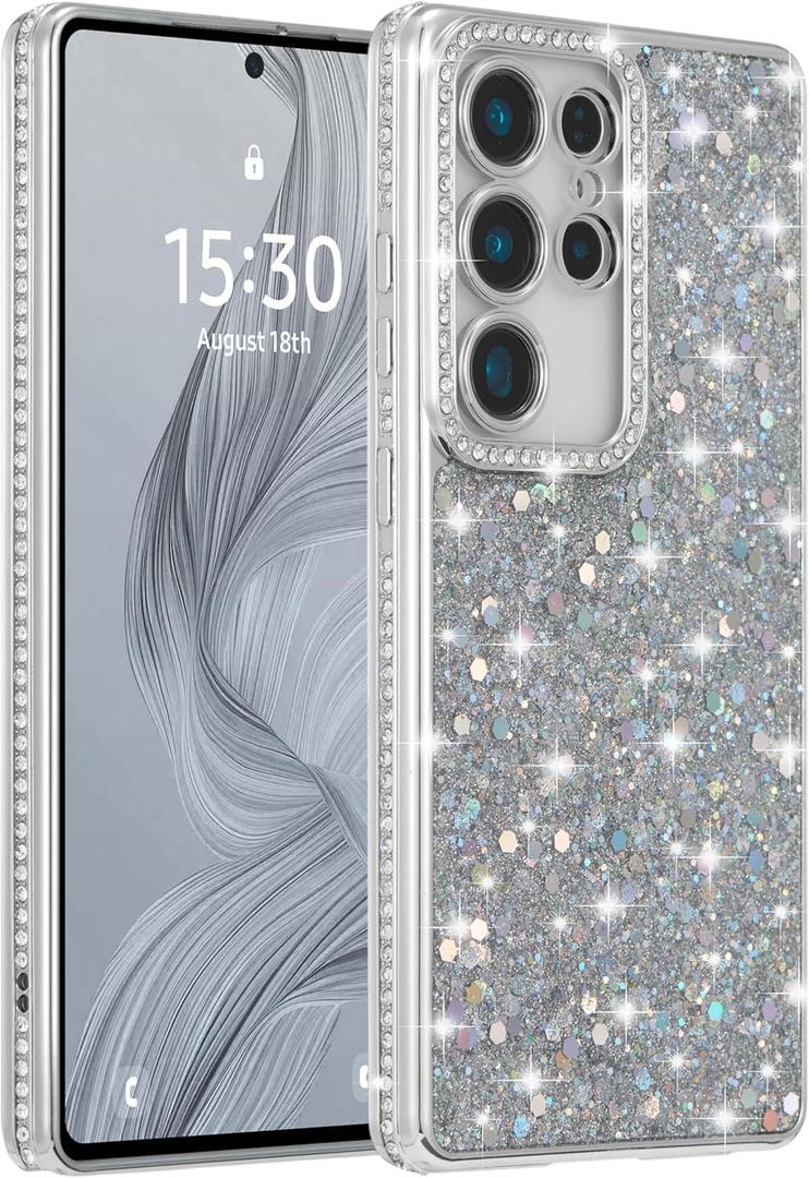 FABSPARK Case for Samsung Galaxy S22,Glitter Crystal Diamond Rhinestone Sequin Shiny Bling Sparkly Glossy Luxury Electroplated, Aesthetic Cute Full Protection for Samsung Galaxy S22,Silver