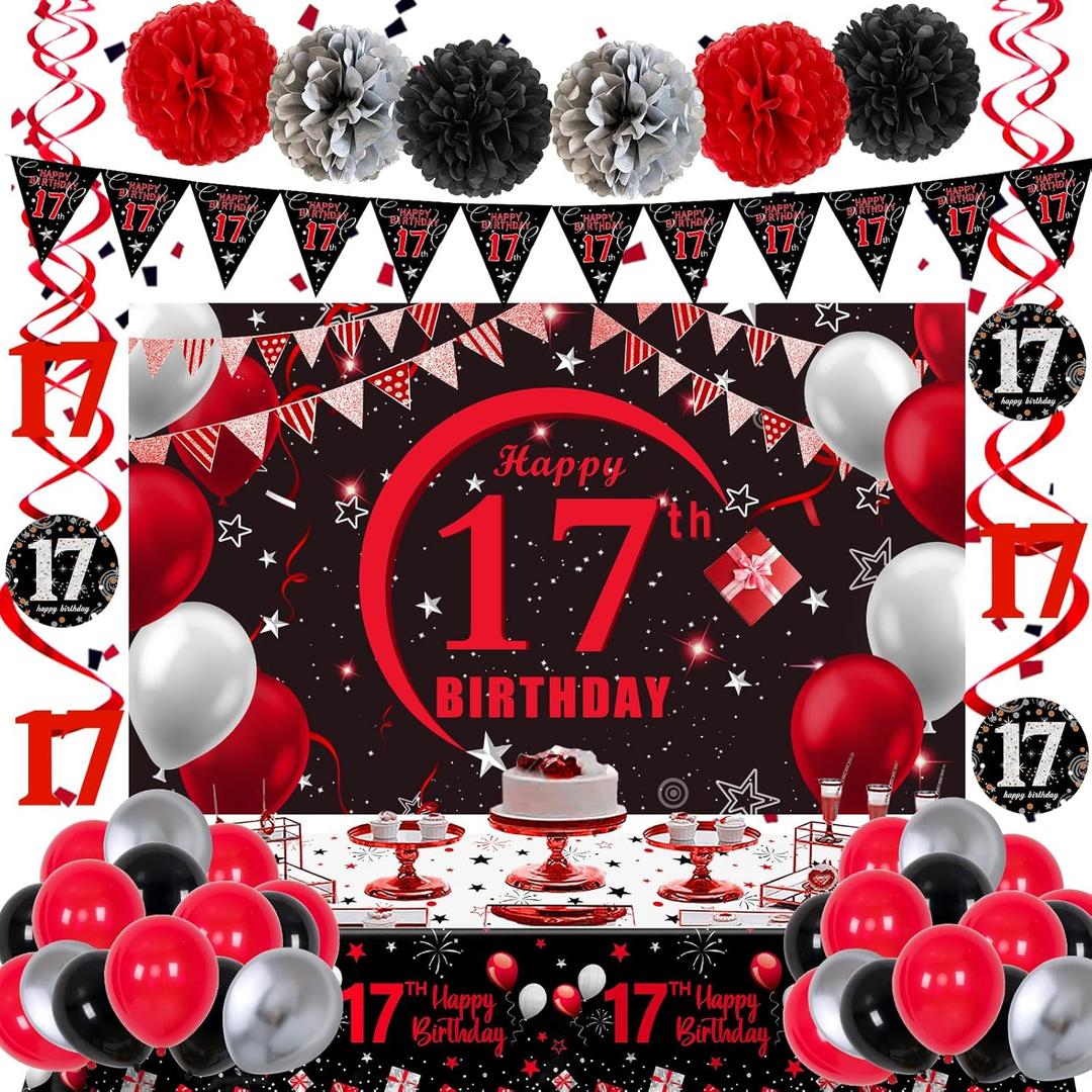 17th Birthday Decorations for Boys Girls Red and Black, Happy 17th Birthday Backdrop Banner, 17 Birthday Party Decoration Tablecloth Balloons Triangle Flag, 17 Year Old Boy Bday Party Supplies