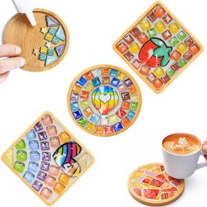 GHAHILI 3 Sets DIY Glass Mosaic Tiles for Crafts with Wooden Coasters - Graduation Birthday Gifts Mosaic Kits for Adults Women Mosaic Art Kits Craft Handmade Making Kit Set Decorations for Home Gift