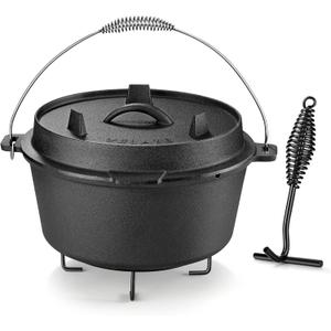Velaze 10QT Camping Dutch Oven, Pre-Seasoned Cast Iron Camp Dutch Oven Pot with Lid, for Use in the Oven, on the Stove, Grill, or over the Campfire - Metal Handle, Lid Lifter, and Stand Support
