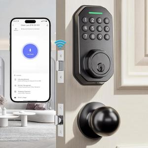 Ulecoce Keyless Entry Door Lock Set WiFi Smart App Control Door Lock for Front Door Keypad Deadbolt with 2 Knobs Auto Lock One Time Codes Easy Install, Black