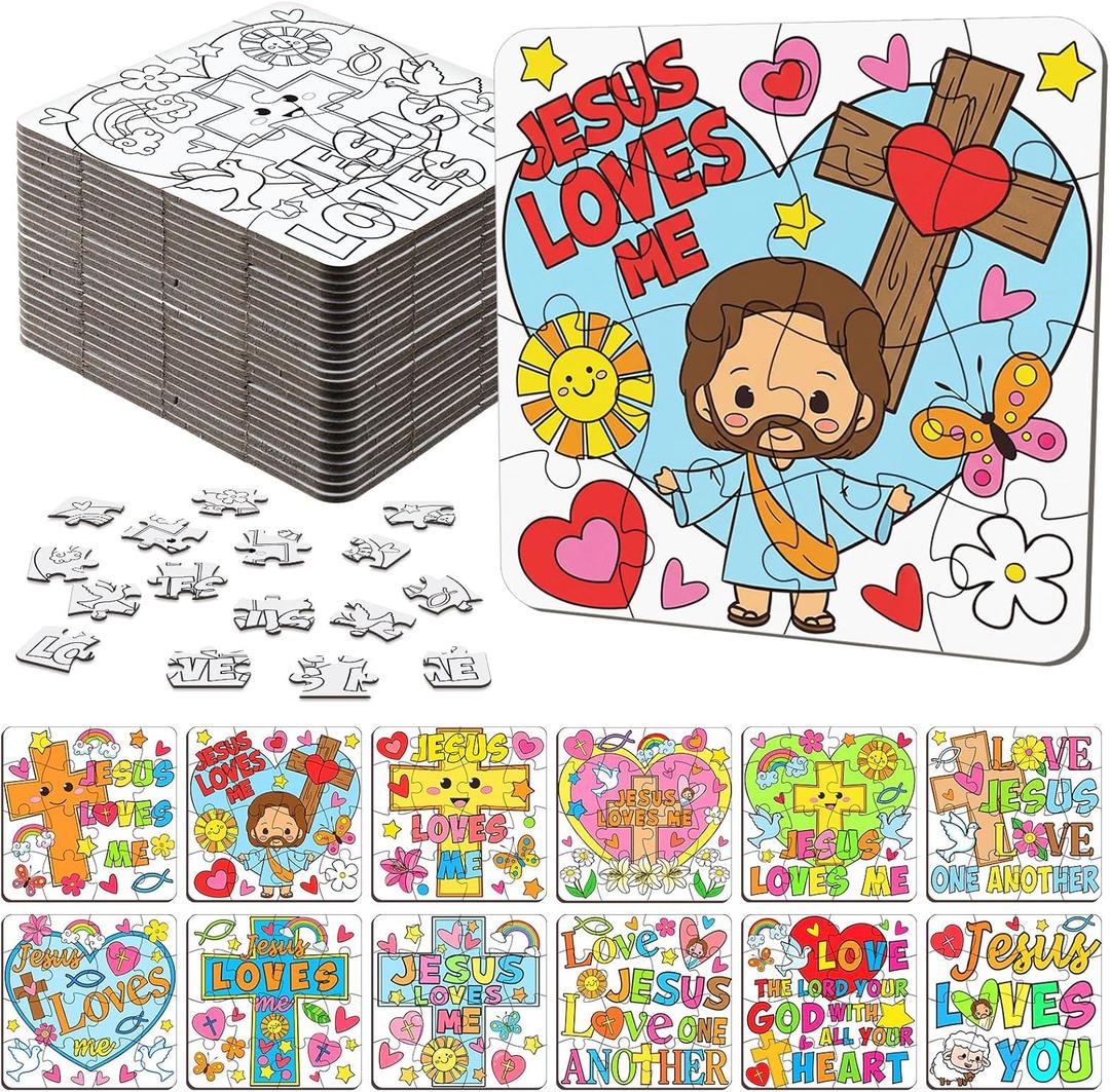 Realspring 24 Pack Religious Jesus Loves Me Color Your Own Jigsaw Puzzles for Kids 3-5, 4-6, 6-8, Coloring Crafts DIY Paper Puzzles Party Favors Gifts for Toddler Children Learning Education Toys