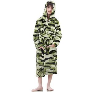 IHU Boys Fleece Robe, Kids Hooded Soft Fuzzy Robes Bathrobe Toddler Flannel Pajamas Sleepwear Spa Plush Robe for Boys Girls Green Camo,5-6 Years