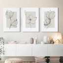 3Pcs Neutral Botanical Canvas Wall Art Beige Simple floral Painting Pictures Wall Decor Vintage Line flower Poster Print Artwork for Living Room Bedroom Bathroom Scene Home Decoration