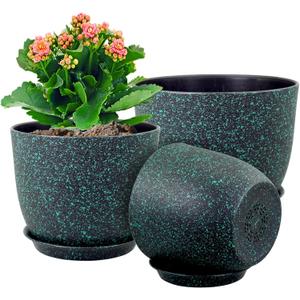 Plant Pots 10/9/8 inch, Set of 3 Modern Decorative Plastic Planters with Drainage Holes and Saucers for Garden House Plants, Flower Pots for Indoor Outdoor Plants, Black with Green Speckles