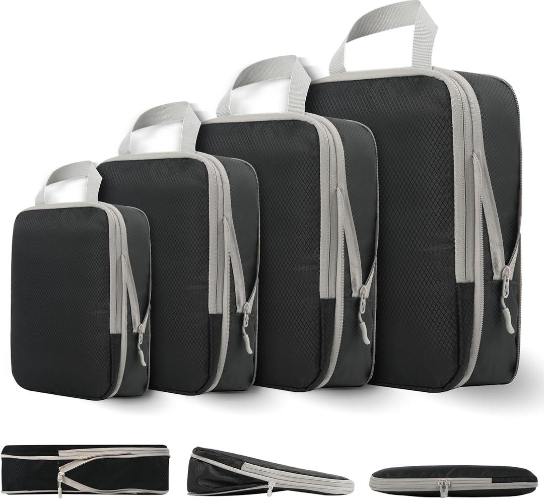 Compression Packing Cubes for Travel, 4 Set Expandable Packing Organizers, Lightweight Luggage Organizer Bags, Travel Essentials for Carry on, Handy Helper for Organizing ClothesBlack