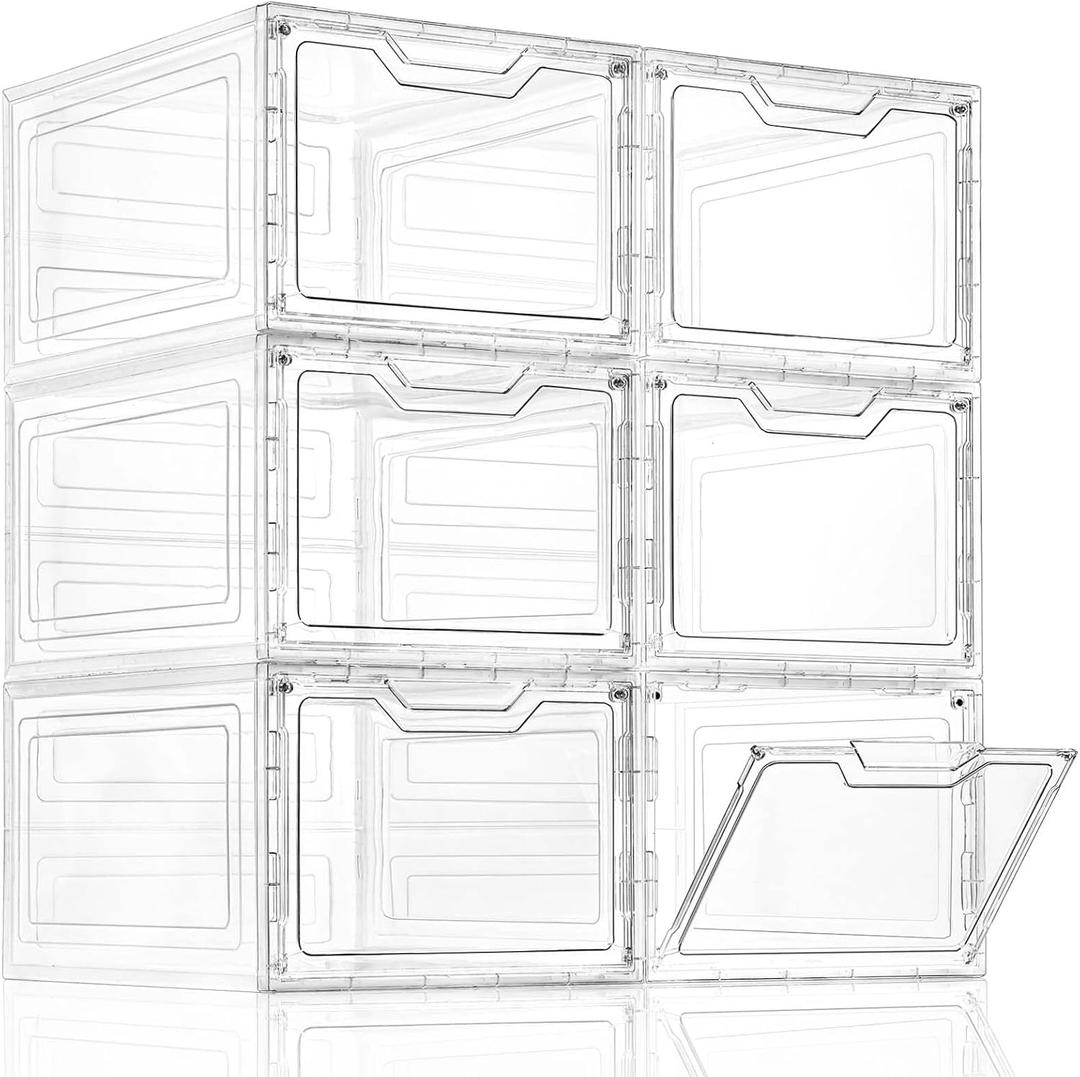 6 Pack Closet Organizers and Storage,Clear Stackable Plastic Storage Bins with Lids Magnetic Doors,Clothes Organizers and Storage,Plastic Craft Containers for Wardrobe Kitchen Bathroom Office (Clear-6Pack)