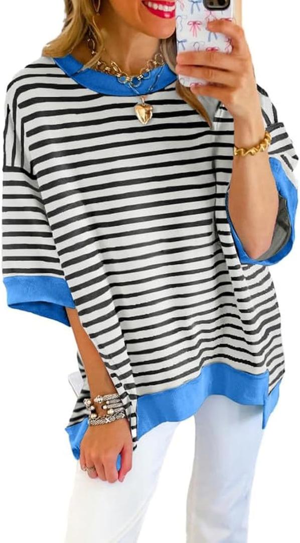 SHEWIN Womens Tops Casual Short Sleeve Sweatshirt Crewneck Striped Shirt Pullover T Shirts Loose Blouses, Medium, Black Stripe