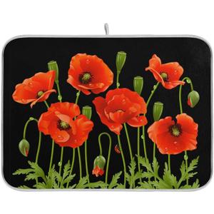 ZzWwR Spring Red Poppy Flowers 16 x 18 Inches Absorbent Dish Drying Mat Microfiber Kitchen Countertop Table Protector MultiPurpose Counter Rack Sink Drainer Pad