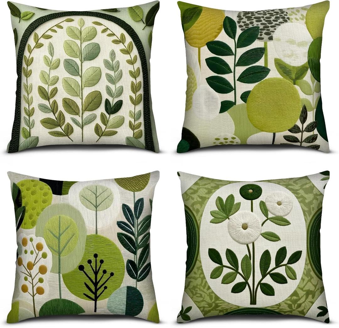 PICKFORU Green Boho Throw Pillow Covers Set of 4, 18x18 Inch Abstract Geometric Art Throw Pillow Case Bohemian Modern Art Cushion Case for Home Decorative Sofa Couch Bedroom Living Room