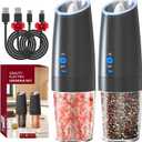RECHARGEABLE - Gravity Electric Pepper and Salt Grinder Set, Adjustable Coarseness, With LED Light, One Hand Automatic Operation, 2 Pack-Black