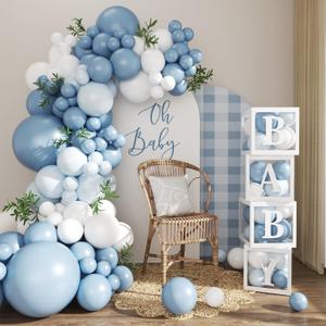 Dusty Blue Balloon Baby Shower Decorations for Boy, 132Pcs Blue Balloon Arch Garland Kit Baby Boxes with Letters for Boy Boho Baby Shower Gender Reveal Birthday Party Decorations