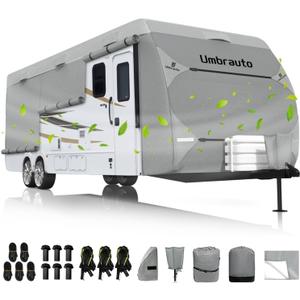Umbrauto RV Cover Fits 27-30ft Travel Trailer, Lightweight Waterproof Camper Cover for Toy Hauler, with Gutter Caps, Tongne Jack Caps, Windproof Straps Winter Campsite