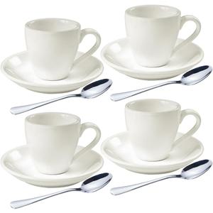 homEdge Porcelain Espresso Shot Cup Set with Saucers and Stainless Steel Spoons - 80 ml / 2.67 oz, Set of 4, White