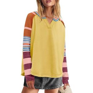 Panadila Womens Striped Long Sleeve Shirt Color Block Raglan Shirt V Neck Patchwork Pullover Tops Casual Cute Top S