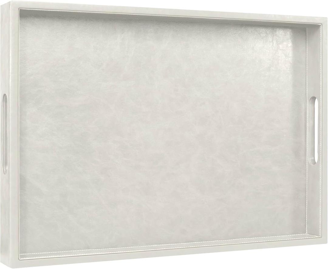 20 x 14 inches Leather Rectangle Serving Tray with Hole Handles,High-End Light Large Service Tray for Ottoman Tray, Tea, Food, Butler - Countertop, Kitchen,Family Dinner, Picnic (White)