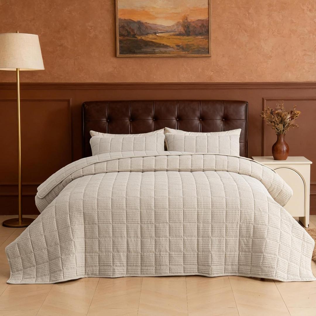 Cotton Oversized King Size Quilt Bedding Sets with Pillow Shams Ultra Soft Lightweight Bedspread Quilted Bed Coverlets Waffle Weave Blanket Thin Comforter for All Season, Khaki,120x128