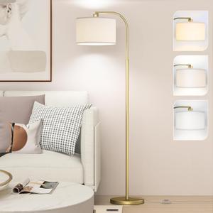 Arc Floor Lamps for Living Room with 3 Color Temperatures, Modern Floor Lamp Reading Light with 9W Bulb Included, Standing Lamp with Adjustable White Hanging Lampshade for Bedroom Office(Gold)