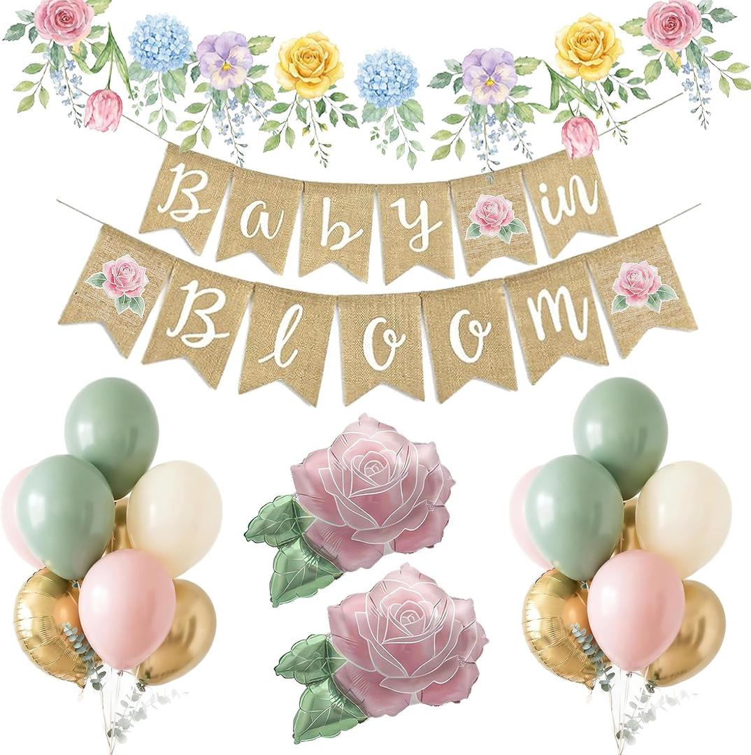 Baby in Bloom Balloon Kit - Dusty Sage Green & Pastel Pink Floral Decorations - Floral Foil Balloons & Banner Set for Girls Boho Baby Shower Spring Garden Birthday Tea Party Supplies