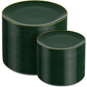 PULOTE 200PCS Green Plastic Plates - Heavy Duty Green Disposable Include 100 Each (10 inch Dinner & 7 inch Dessert) Plates for Christmas Party