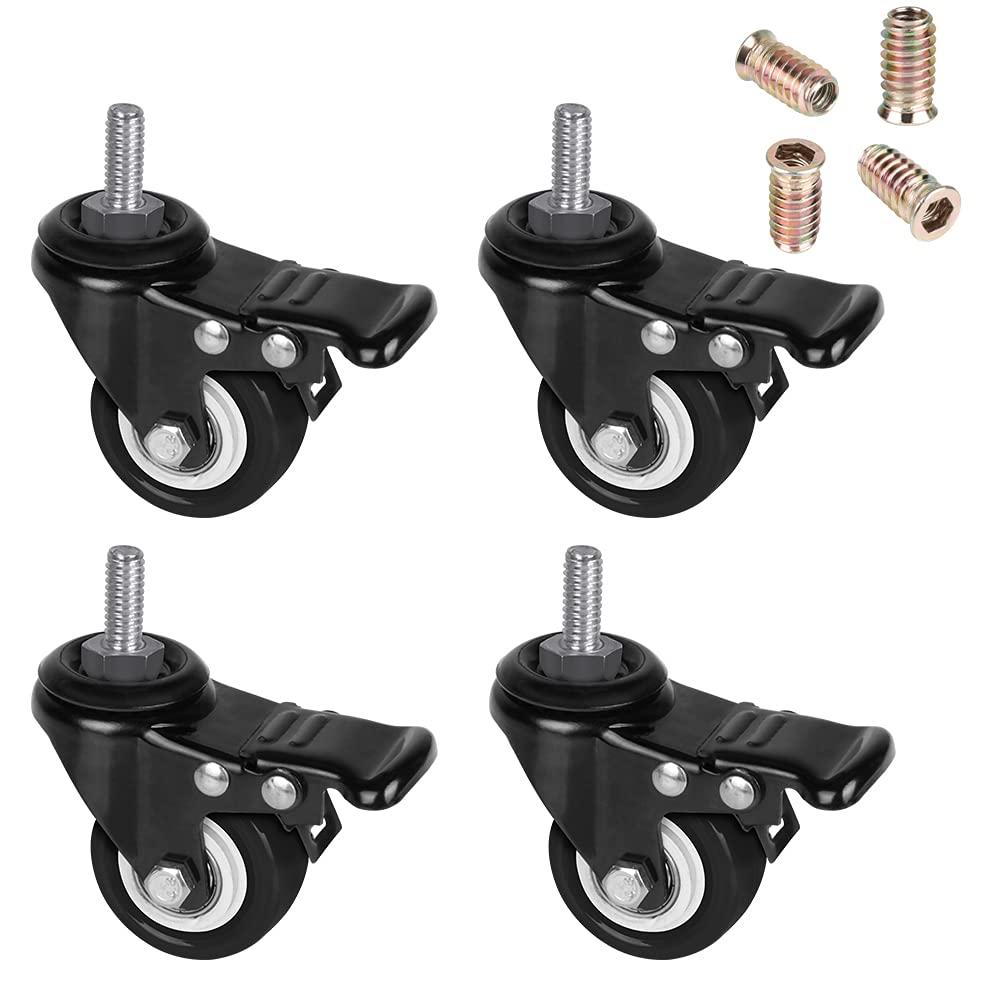 2" Stem Casters with Brakes and Nut Inserts, Set of 4, Heavy Duty Swivel Threaded Stem Casters, 5/16-18x1(NOT Metric M8) Stem Casters Wheels with Lock for Carts Furniture Trolley DIY Stands