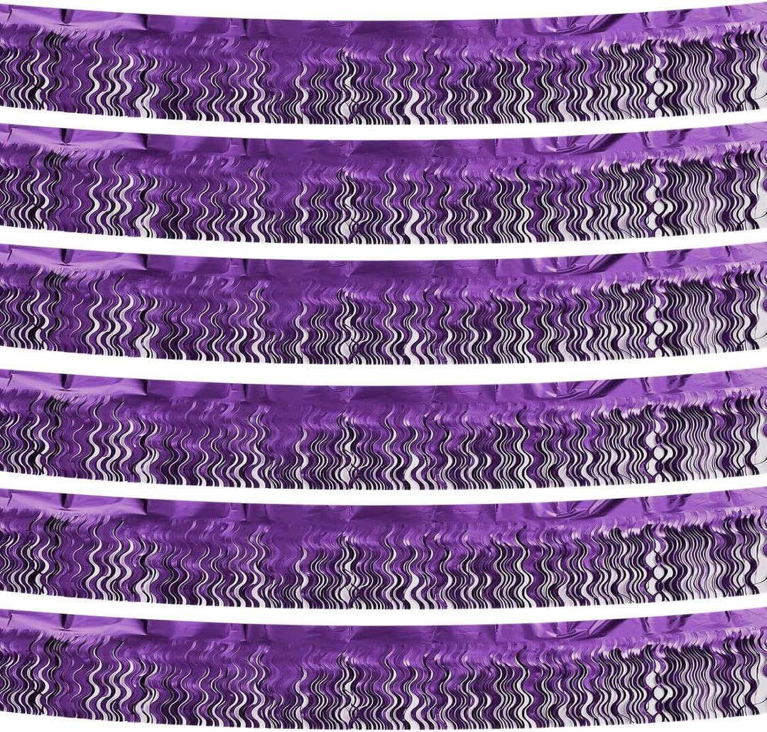 6P Light Purple Wavy Metallic Foil Fringe Banner Tinsel Banner Backdrop Garland Curtains for Parade Floats Wedding Birthday Parties Decoration Halloween Christmas