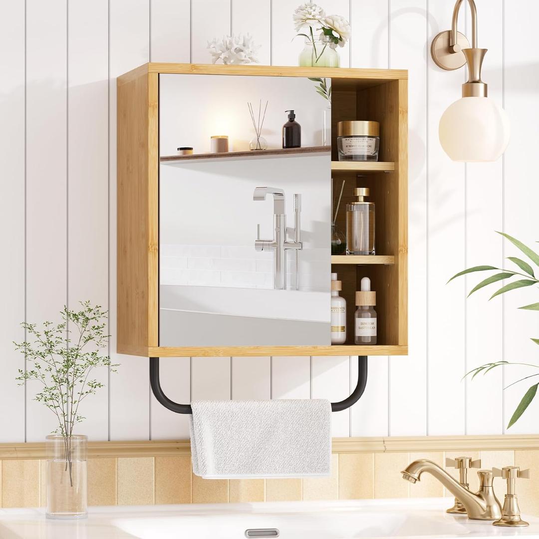 AmazerBath Bathroom Medicine Cabinet with Mirror, Bamboo Medicine Cabinet Wall Mounted, Over The Toilet Storage with Towel Bar for Bathroom, Small Spaces