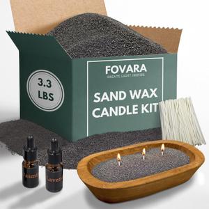 Fovara - Pearled Sand Candles with Wicks, 3.3 lbs - Sand Wax Candle Kit: Wooden Dough Bowl,50 Wicks, Jasmine & Lavender Scented Oil - Long-Lasting Candle Beads, Non-Toxic, Reusable Candles - Black
