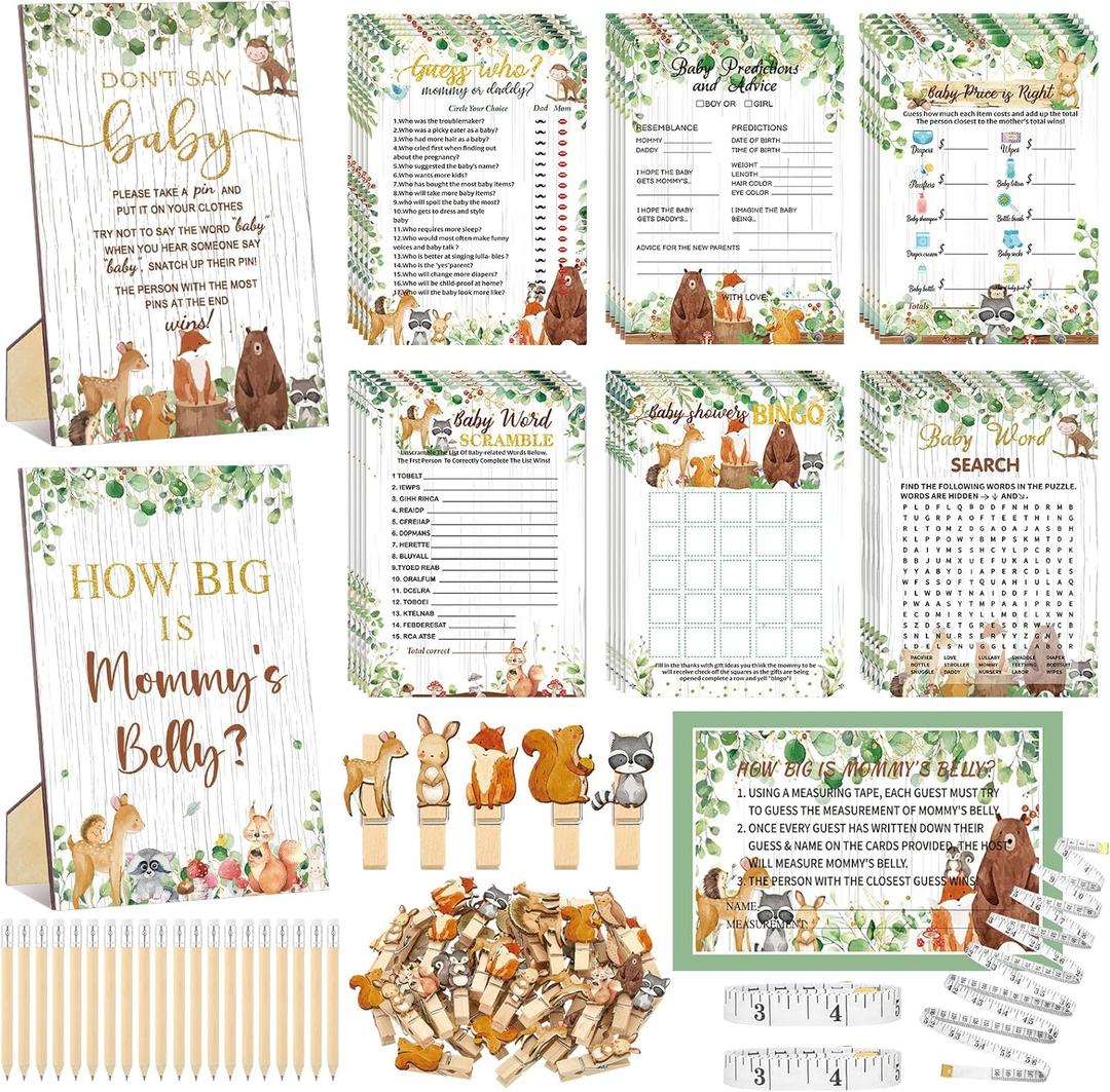 Funnymoom 426 Pcs Woodland Baby Shower Games Set-8 Games, Includes Baby Shower Bingo, Price is Right, Guess Who, Word Scramble, Prediction and Advice, How Big is Mommy's Belly, Don't Say the Words