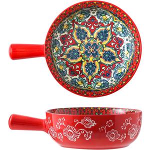 Bohemian Ceramic Soup Bowl with Handle 23oz Spaghetti Bowl, 8.66" Length Wide and Shallow for Soup, Colorful Floral Interior Microwave & Dishwasher Safe Pasta Salad Dish Red