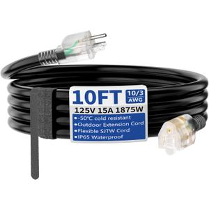 10ft Outdoor/Indoor Extension Cord with Lighted 10/3 Gauge Ultra 3 Prong Heavy Duty SJTW, Waterproof, Flexible Cold-Resistant,15A 125V 1875W, Black