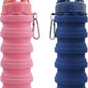 Collapsible Water Bottles Travel water bottle Sports Portable Sport Water Bottle Reusable Water Bottles comes with mountaineering Buckle 500ml silicone Water-proof camping water bottle (Dark Blue+Pink)