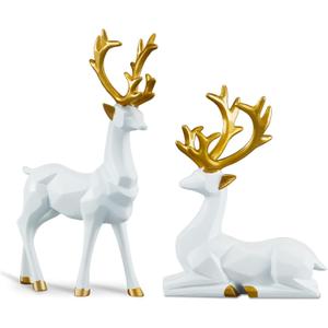 2PCS Carved Elk Statue Resin Ornaments, Christmas Reindeer Fortune Seeking Decoration Modern Retro Art Standing And Sitting Posture, Applicable To Living Room And Bedroom (3D Geometric White)