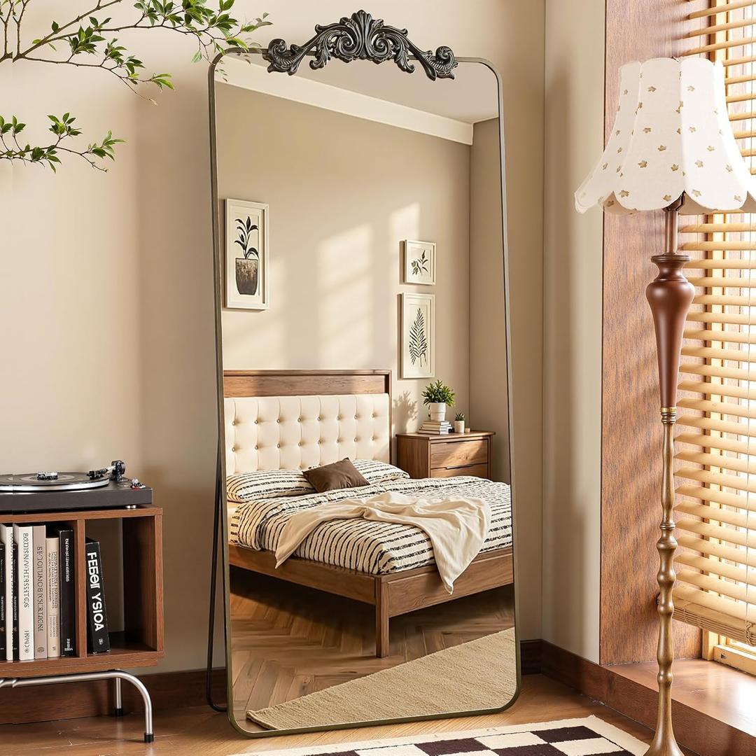 Coomily Full Length Mirror, 65"x24" Floor Mirror Freestanding with Carved Metal Frame, Full Body Mirrors for Living Room, Standing, Hanging, Leaning Mount, Bronze, Retro Style