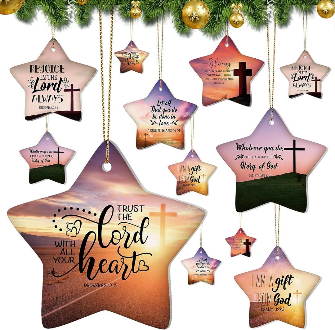 Syhood 24 Pcs Christian Christmas Ornament 12 Styles Bible Verse Christmas Ceramic Ornament Religious Ornaments Star Shaped Hanging Ornaments for Xmas Tree Church Member Gift