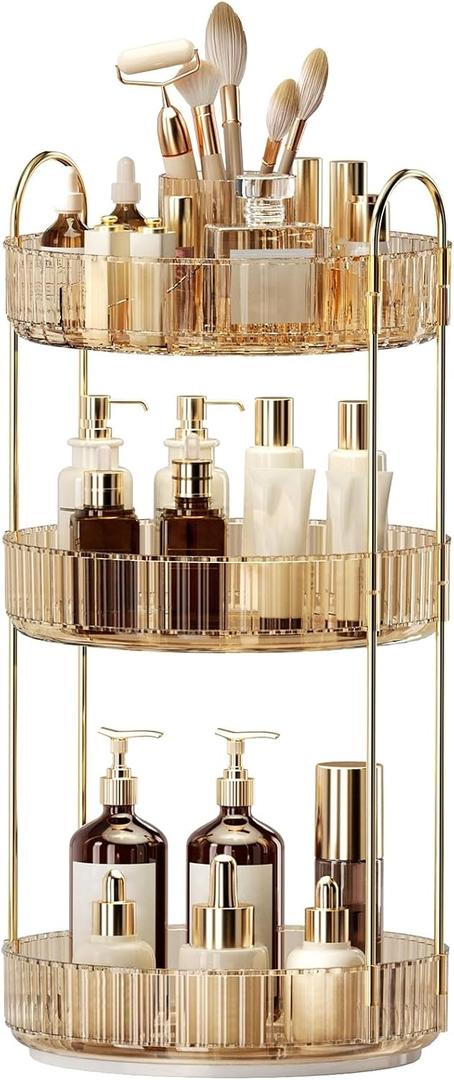 360 Rotating Makeup Organizer, Large-Capacity Skincare Make Up Storage 3 Tier Perfume Organizers Cosmetic Dresser Organizer with Makeup Brush Holder, Fits Bedroom, Bathroom, Vanity Shelf Countertop