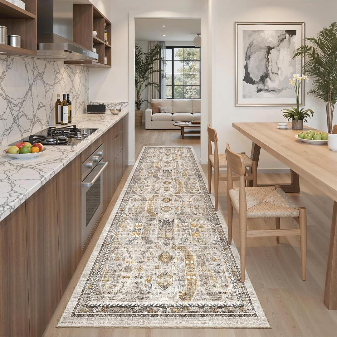 Madane Runner Rug 2'6''x8' Kitchen Runner, Hallway Runner Printed Vintage Washable Rugs Soft Non-Slip Low Pile Runners for Hallways Laundry Room Rug Distressed Rug, Brown/Gold