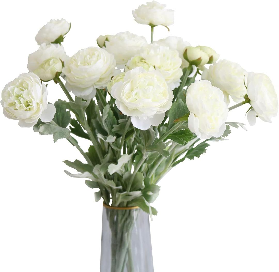 6PCS Artificial Ranunculus Flowers with Real Touch Stem Silk Ranunculus Flowers for Household Arrangement Beige Color (White)