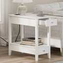 Treocho Side Table with Charging Station, Narrow End Table with Storage, 2-Drawer Nightstand with Power Outlet, White Table Bedside Sofa for Small Spaces, Living Room, Bedroom