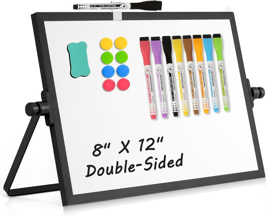 Dry Erase Magnetic White Board, 8" x 12" Black Aluminum Frame Double-Sided Desktop Whiteboard with Stand, Portable Small Whiteboard Set for Drawing, Office, Home, School