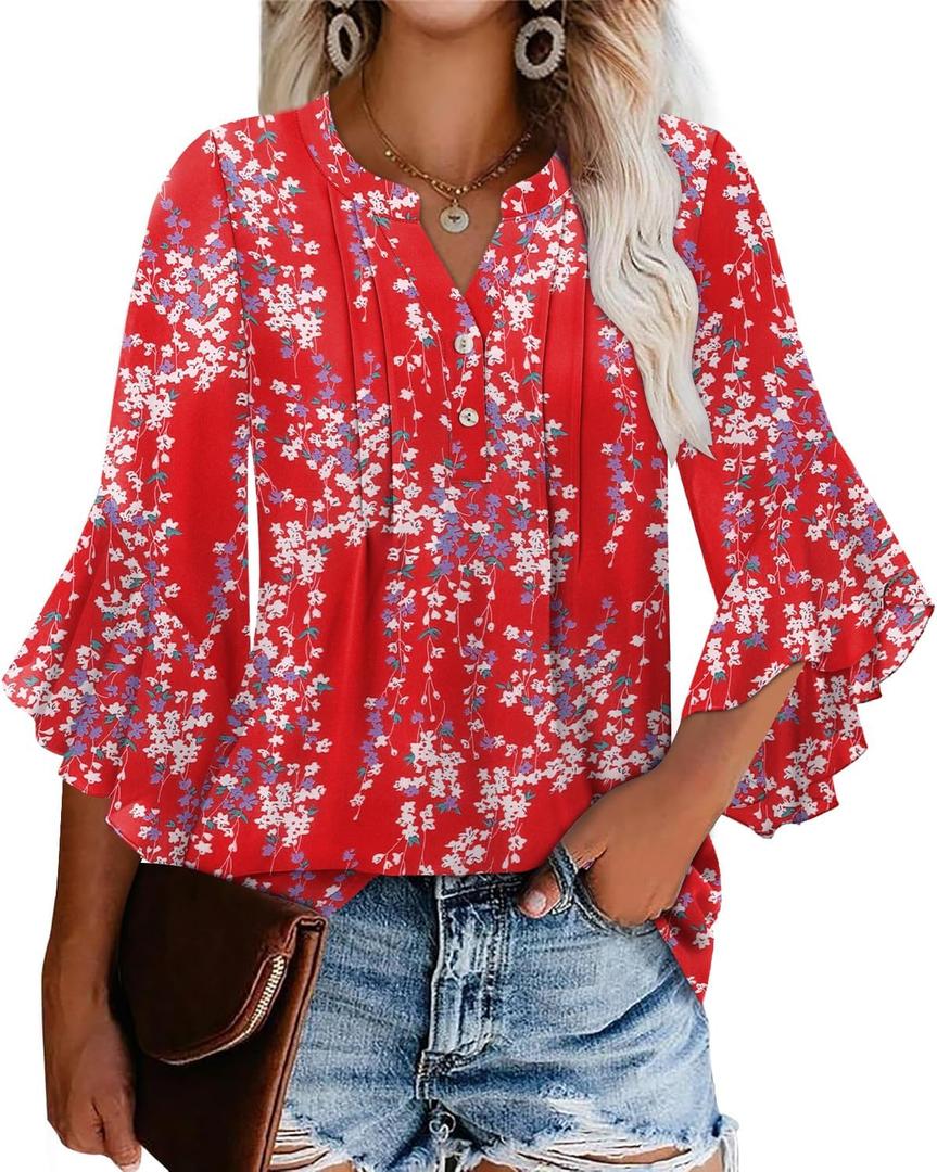 Angerella Womens 3/4 Sleeve Dressy Casual Top Trendy Shirts V Neck Business Work Chiffon Blouses (X-Large, Red)