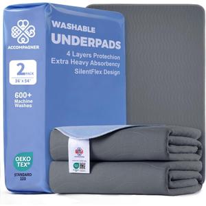 Accompagner Incontinence Bed Pads Washable Waterproof, Ultra-Absorbent Reusable Underpads for Diaper Changing, Nursing, Bedridden, Adults, Seniors, Kids and Dogs (Dark Gray, 36"x54"(Pack of 2))