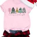 Christmas Shirts Women Magic Kingdom Christmas Shirt Merry Christmas Tshirt Holiday Graphic Short Sleeve Tops (Pink, XL)