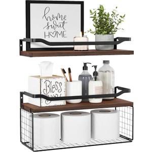 Floating Shelves with Wire Storage Basket, Bathroom Shelves Over Toilet with Protective Metal Guardrail, Wood Wall Shelves for Bathroom, Bedroom, Living Room, Toilet Paper- Dark Brown