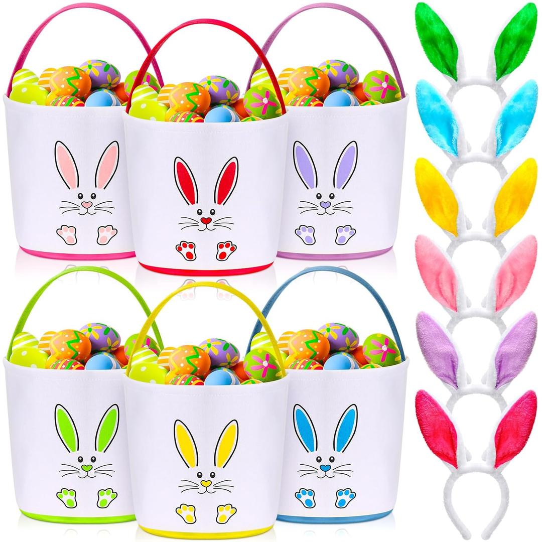 Domensi 12 Pcs Easter Basket Set for Kids Canvas Easter Baskets with Handles and Plush Bunny Ear Headbands, Reusable Small Bags Bulk for Egg Hunt Supplies(Footprints)