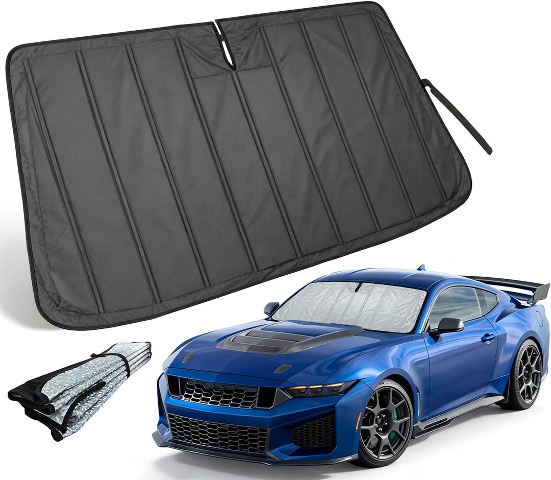PAIMOHO Thickened Windshield Sun Shade for Ford Mustang 2015-2026 | Accordion Front Window Sunshade Aluminum Reflective UV Protection Shield, Foldable Sun Visor with Storage Bag Car accessories