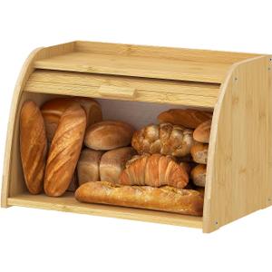 Kitsanery Bread box for kitchen countertop, Bamboo bread storage, Roll-Top Bread Container, Farmhouse Bread Holder for Homemade Bread ( Single Layer)
